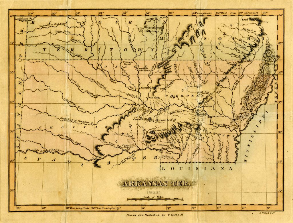 Map of Arkansas Territory, ca. 1823. Arkansas Territory originally included what is now Oklahoma. Image from the collections of the Arkansas State Archives. 