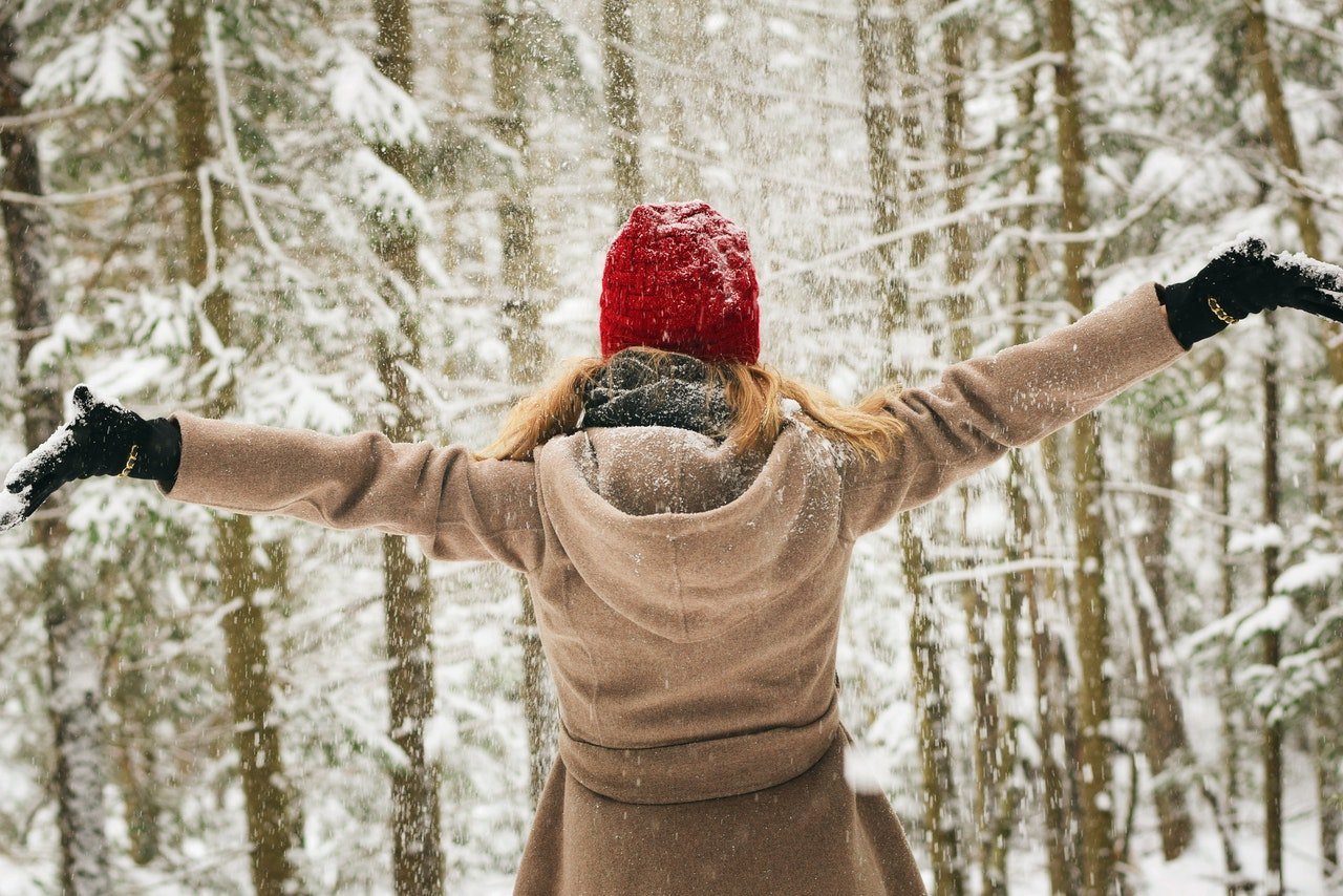 Woman Wearing Brown Coat in Snowfall